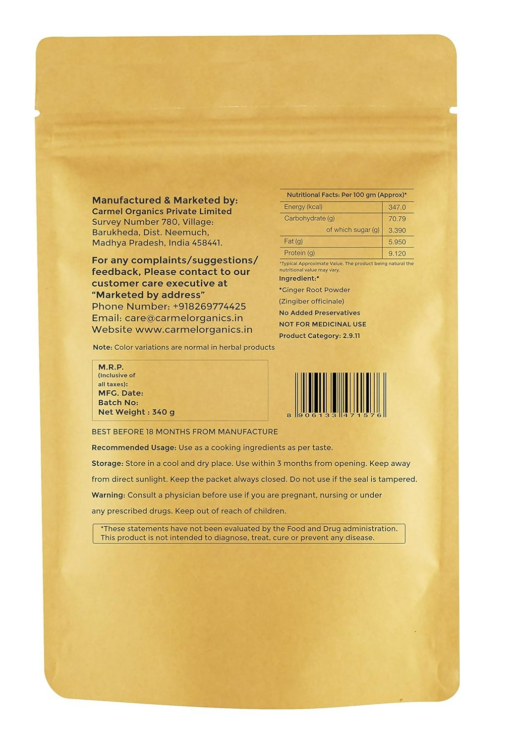 Carmel Organics Ginger Root Powder