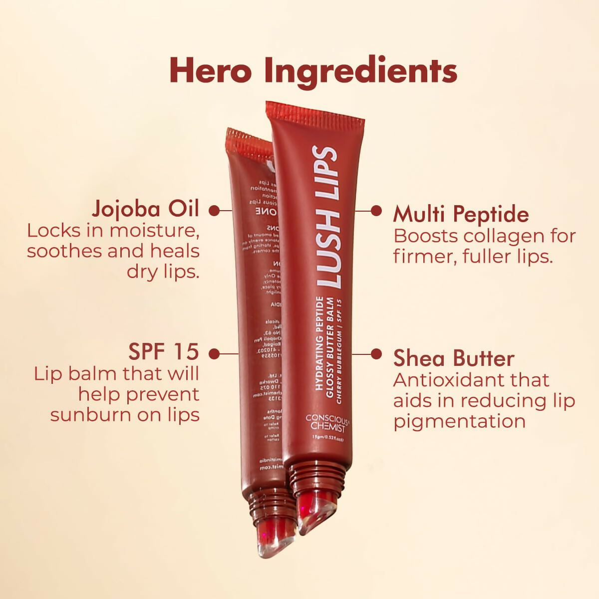 Conscious Chemist Peptide Lip Balm, Lush Lips with SPF15 - Cherry Bubblegum