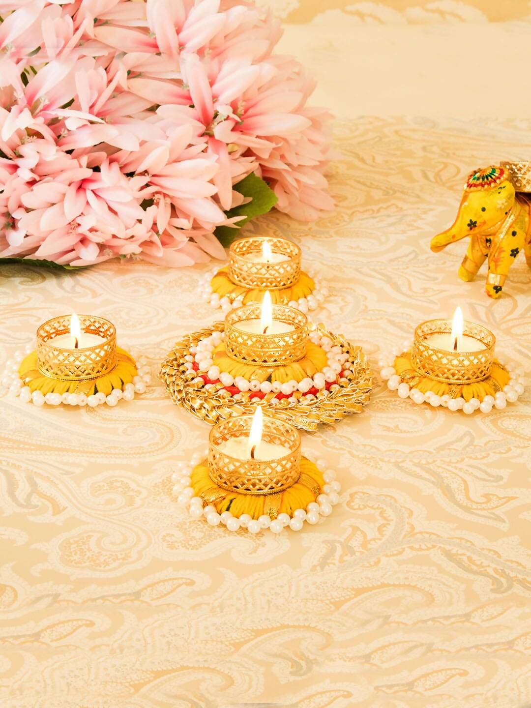 Buy Tied Ribbons Set Of 5 Golden Diwali Dcoration Tealight Candle Holder