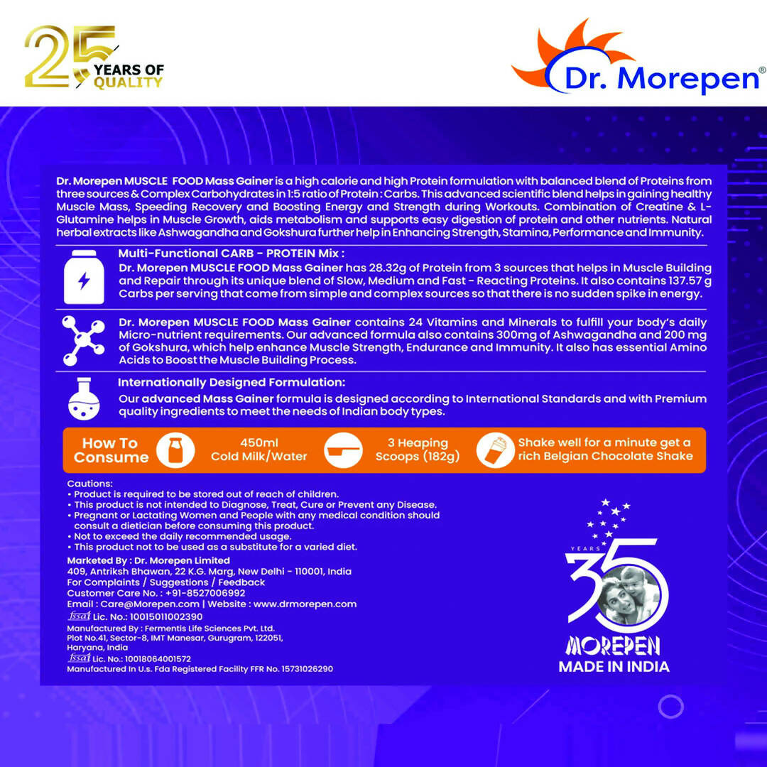 Dr. Morepen Muscle Food Mass Gainer with Ashwagandha & Gokshura - Belgian Chocolate Flavour