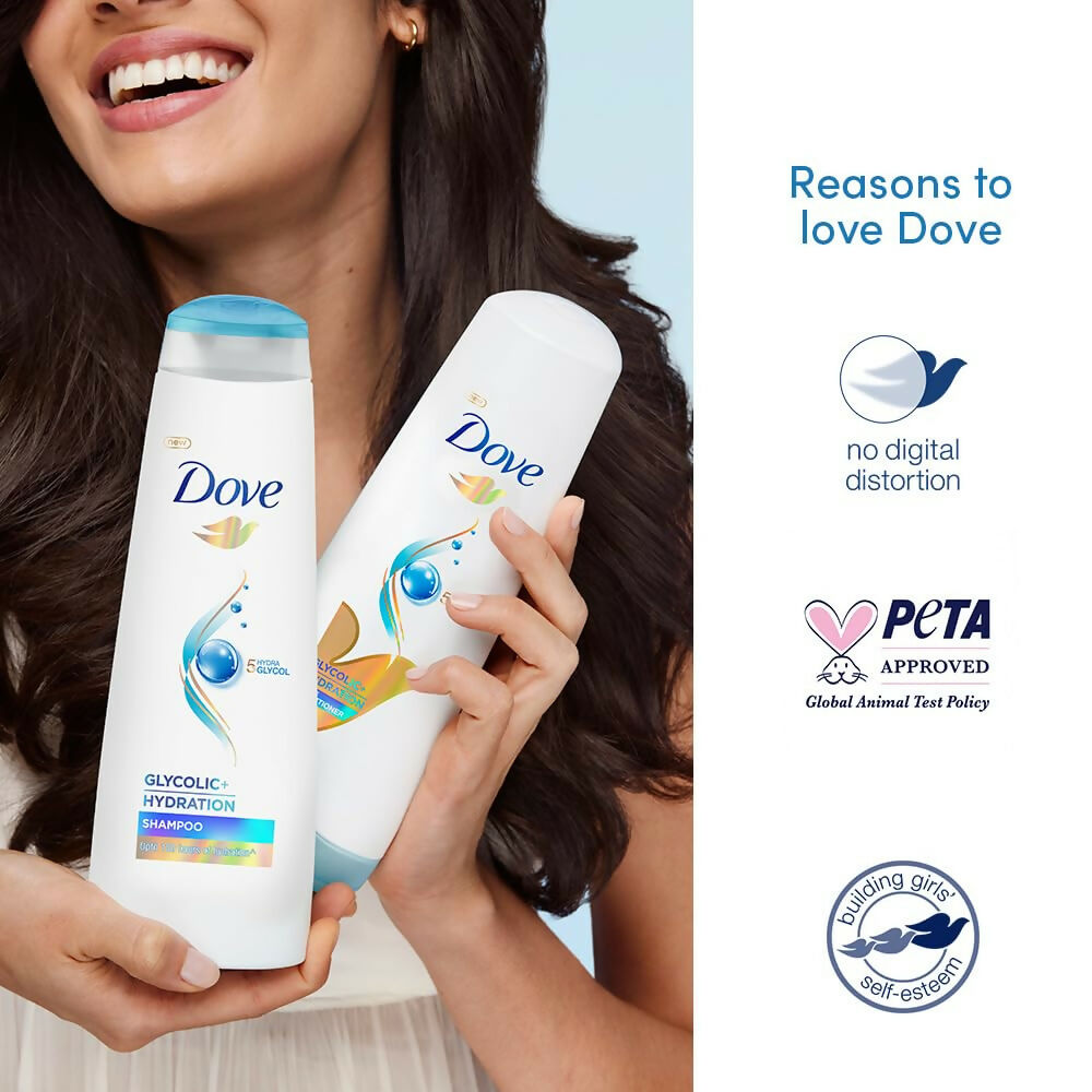 Dove Glycolic + Hydration Shampoo With 5% Hydra-Glycol For Upto 100 Hours Of Hydrated, Fluid Hair