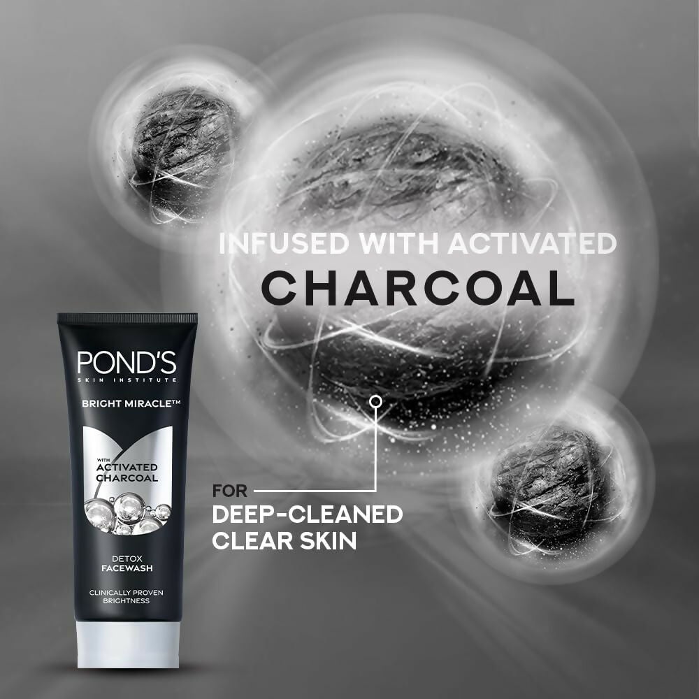 Ponds Bright Miracle Detox Facewash 10X Power of Activated Charcoal For Deep Cleaned Skin, Reveals Glow