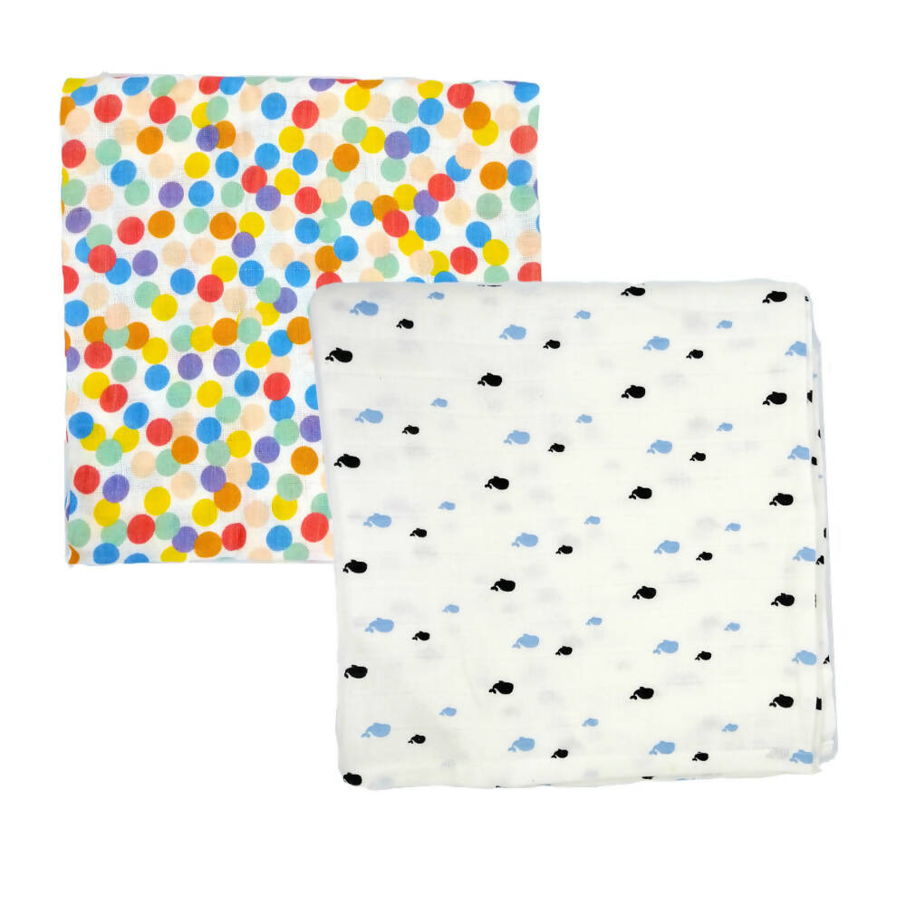 Kindermum Organic Cotton Muslin Swaddle Blanket 110 Cm X 110 Cm - Set Of 2 - Colorful Polka And Whale