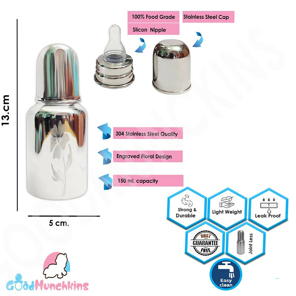 Buy Goodmunchkins Stainless Steel Feeding Bottle with Bottle Cleaning Brush/Chakku/Anti Colic Silicone Nipple Combo-(150ml,Blue) from DrMediCart, Ship from India to USA