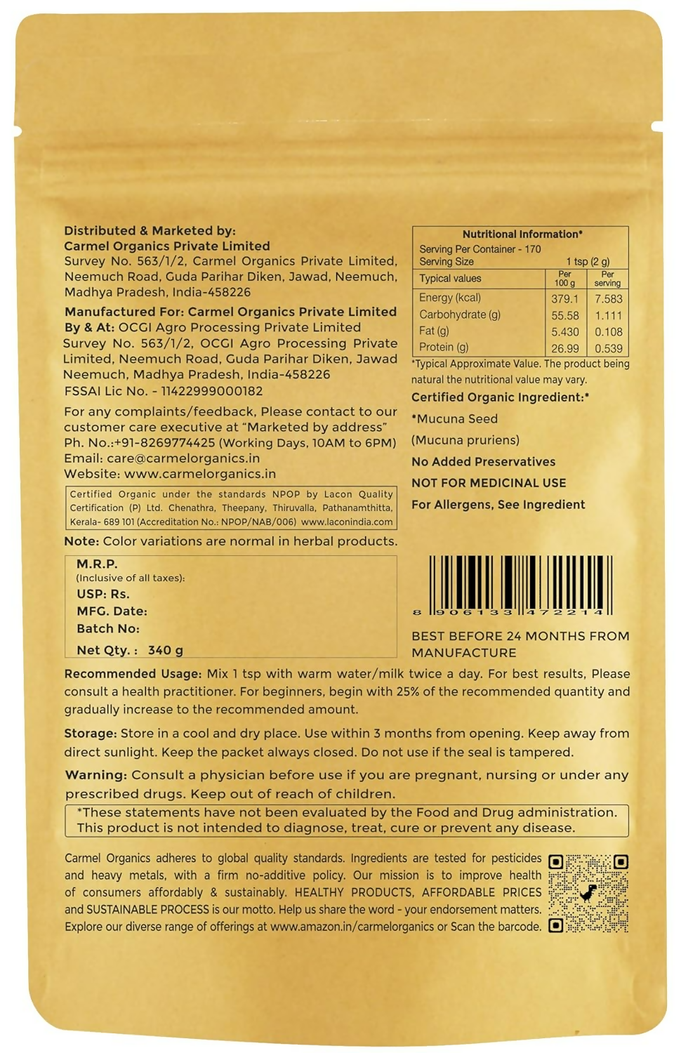 Carmel Organics Mucuna (Kapikacchu) White Seed Powder