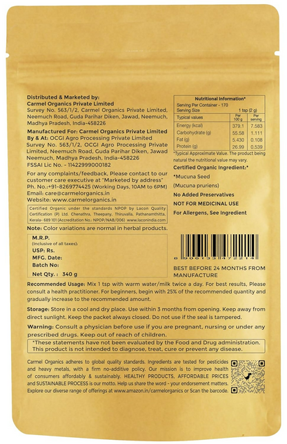 Carmel Organics Mucuna (Kapikacchu) White Seed Powder