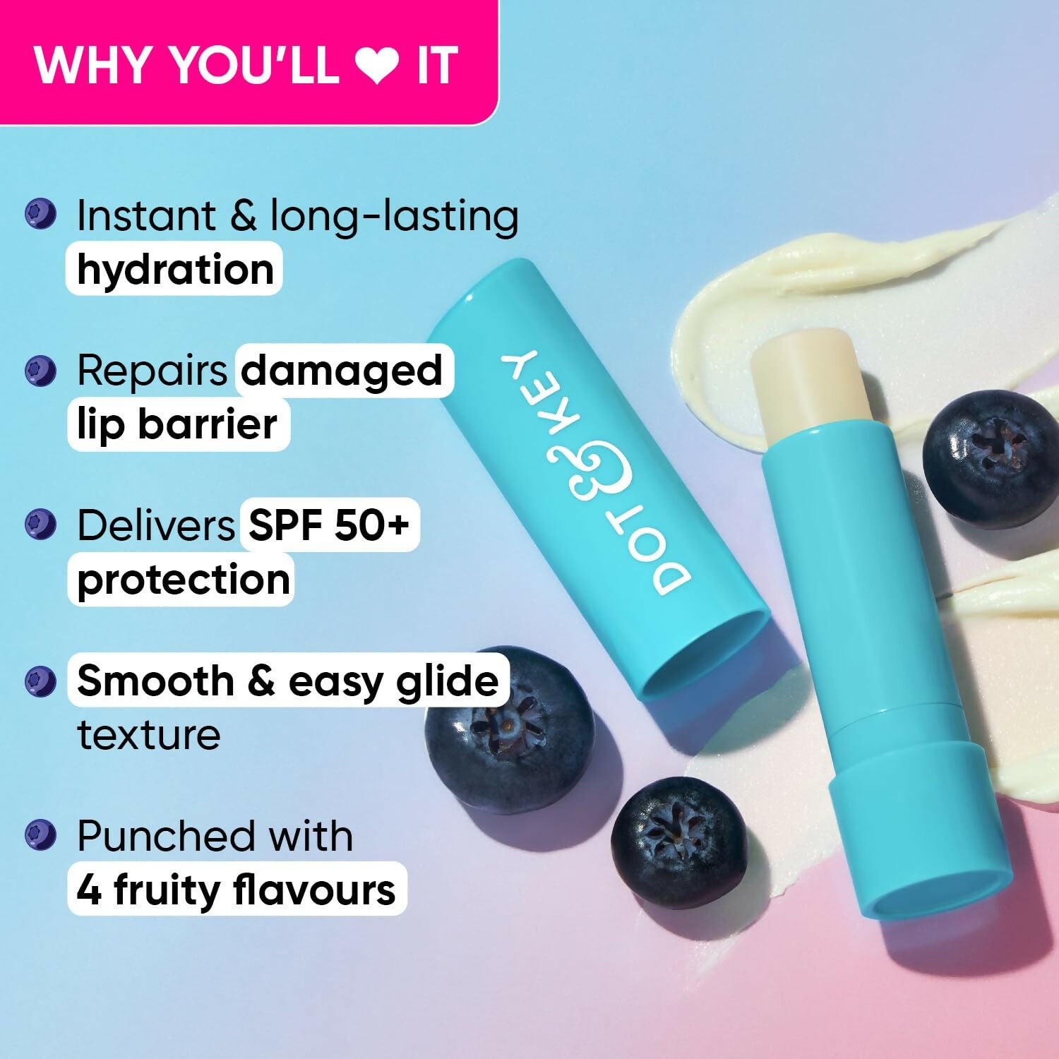 Dot & Key Barrier Repair Hydrating Lip Balm SPF 50 With Ceramides & Peptides Blueberry Bliss