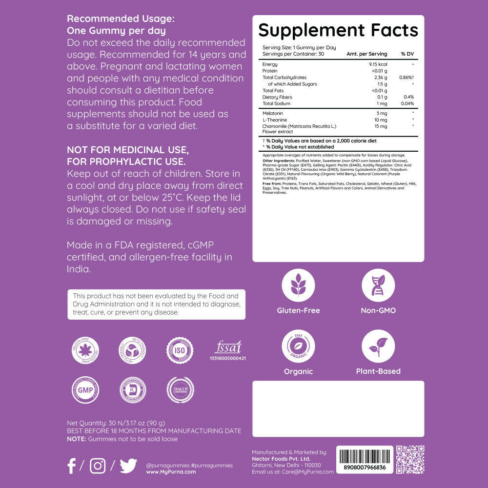 Purna Gummies Melatonin Wild Berry Flavour Gummies for Sleep Well & Reduced Stress