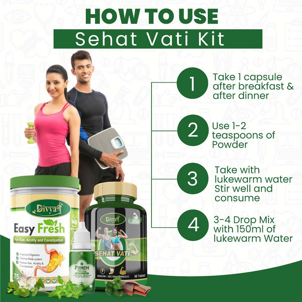 Divya Shree Sehat Vati Capsule, Easy Fresh Powder & Punch Tulsi Drop Combo