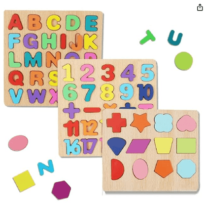 Wooden Learning Educational Game Board for Kids, Puzzle Toys for 2 Years Old Boys & Girls (Alphabets, Numbers & Shapes) - Drmedicart