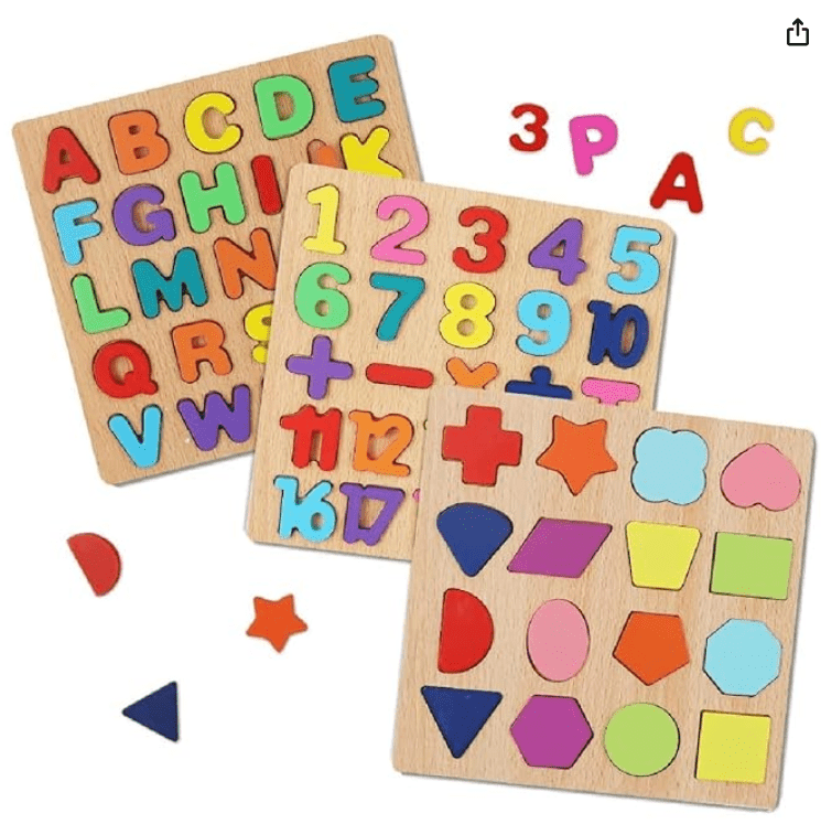 Wooden Learning Educational Game Board for Kids, Puzzle Toys for 2 Years Old Boys & Girls (Alphabets, Numbers & Shapes) - Drmedicart