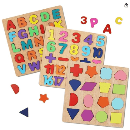 Wooden Learning Educational Game Board for Kids, Puzzle Toys for 2 Years Old Boys & Girls (Alphabets, Numbers & Shapes) - Drmedicart
