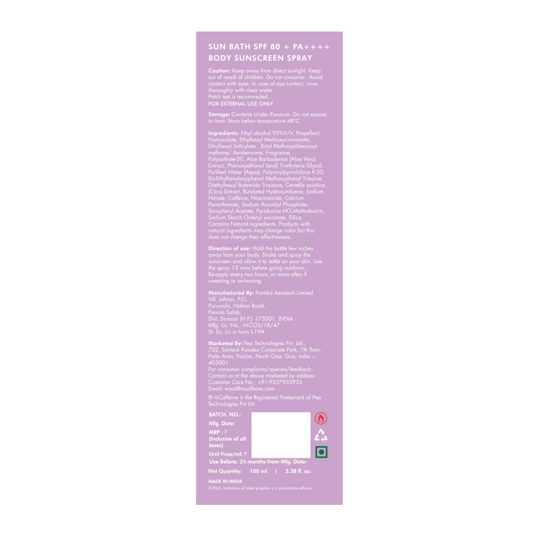 mCaffeine Sun Bath SPF 80+ PA ++++ Body Sunscreen Spray