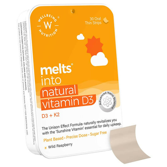 Buy Wellbeing Nutrition Melts Natural Vitamin D3+K2 (MK-7) Oral Strips-Wild Raspberry Flavor from DrMediCart, Ship from India to USA