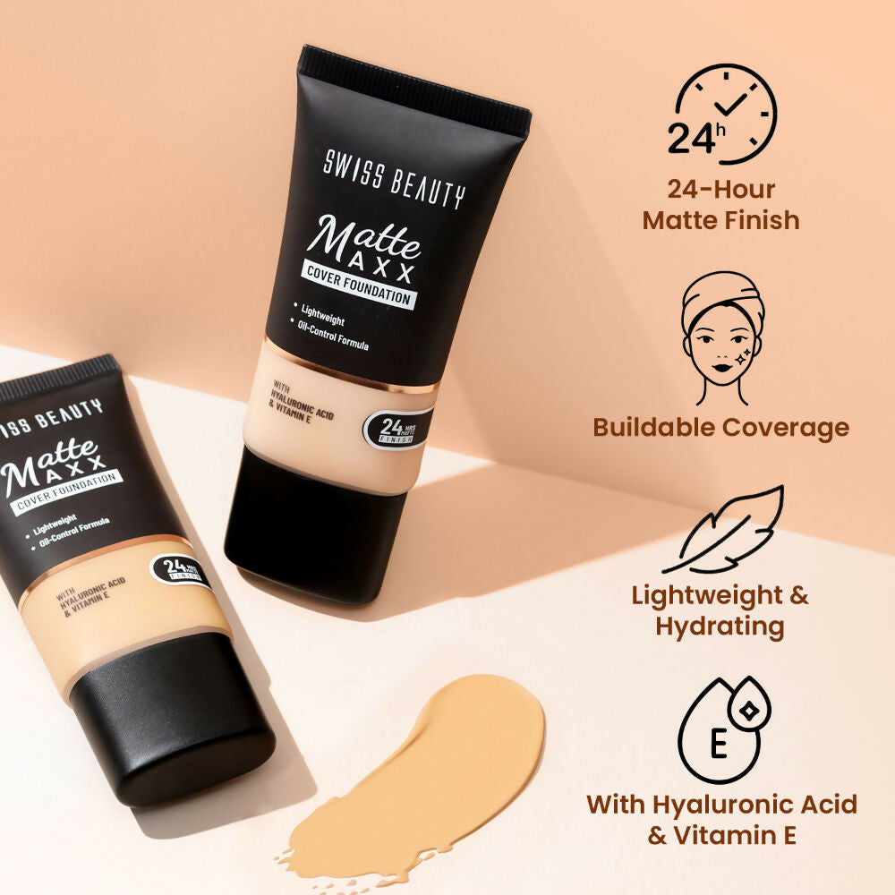 Swiss Beauty Matte Maxx Cover Foundation with Hyaluronic Acid & Vitamin E - 6 Deep Warm