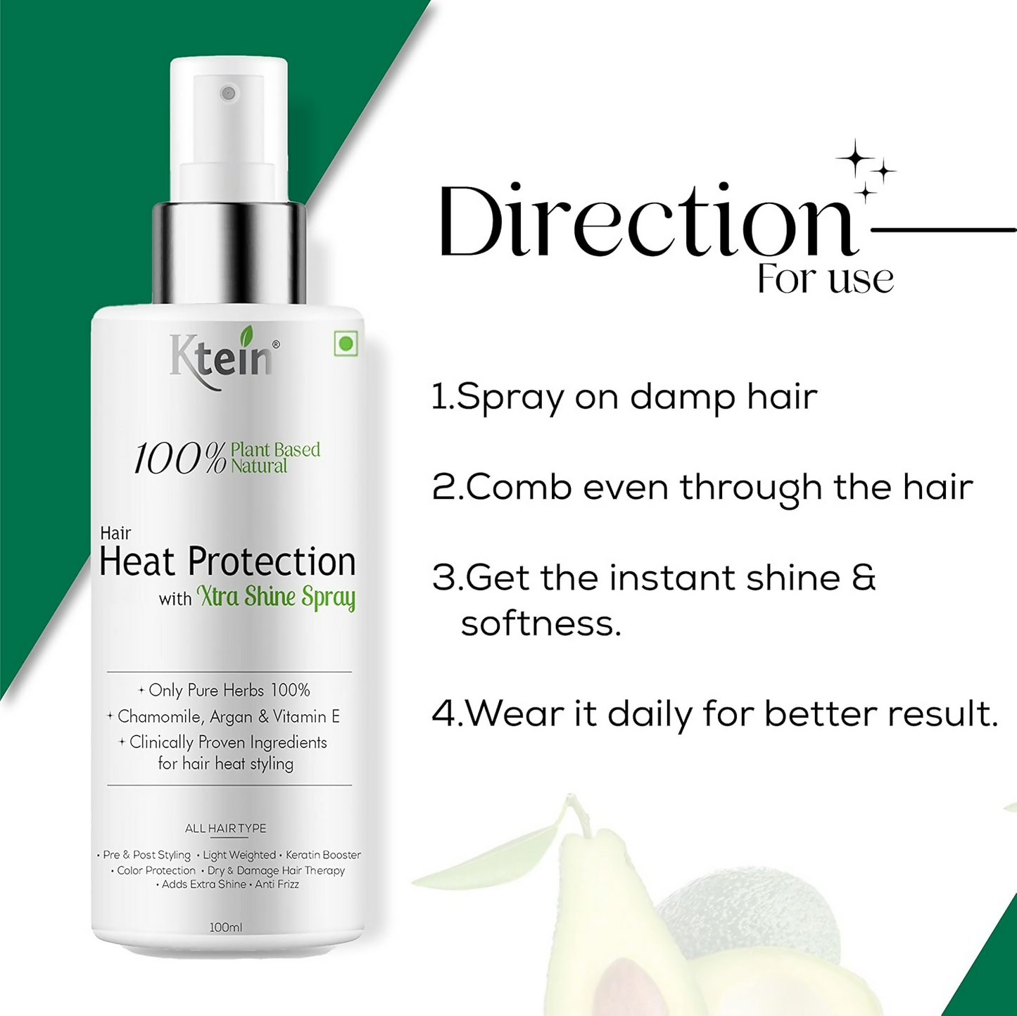 Ktein 100% Plant Based Hair Heat Protection Spray With Extra Shine Chamomile Argan And Vitamin E