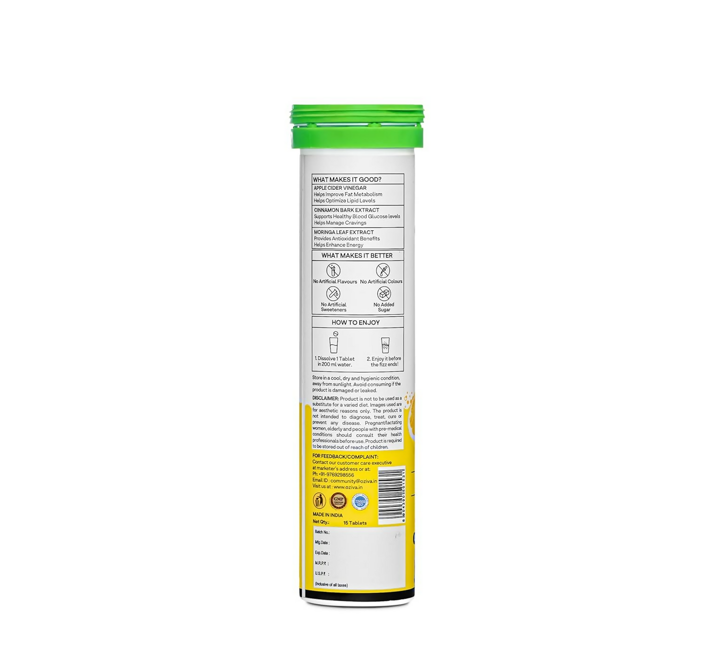 OZiva Metabolic ACV Moringa Effervescent Tablets for Control Cravings - Lemon Masala Flavor