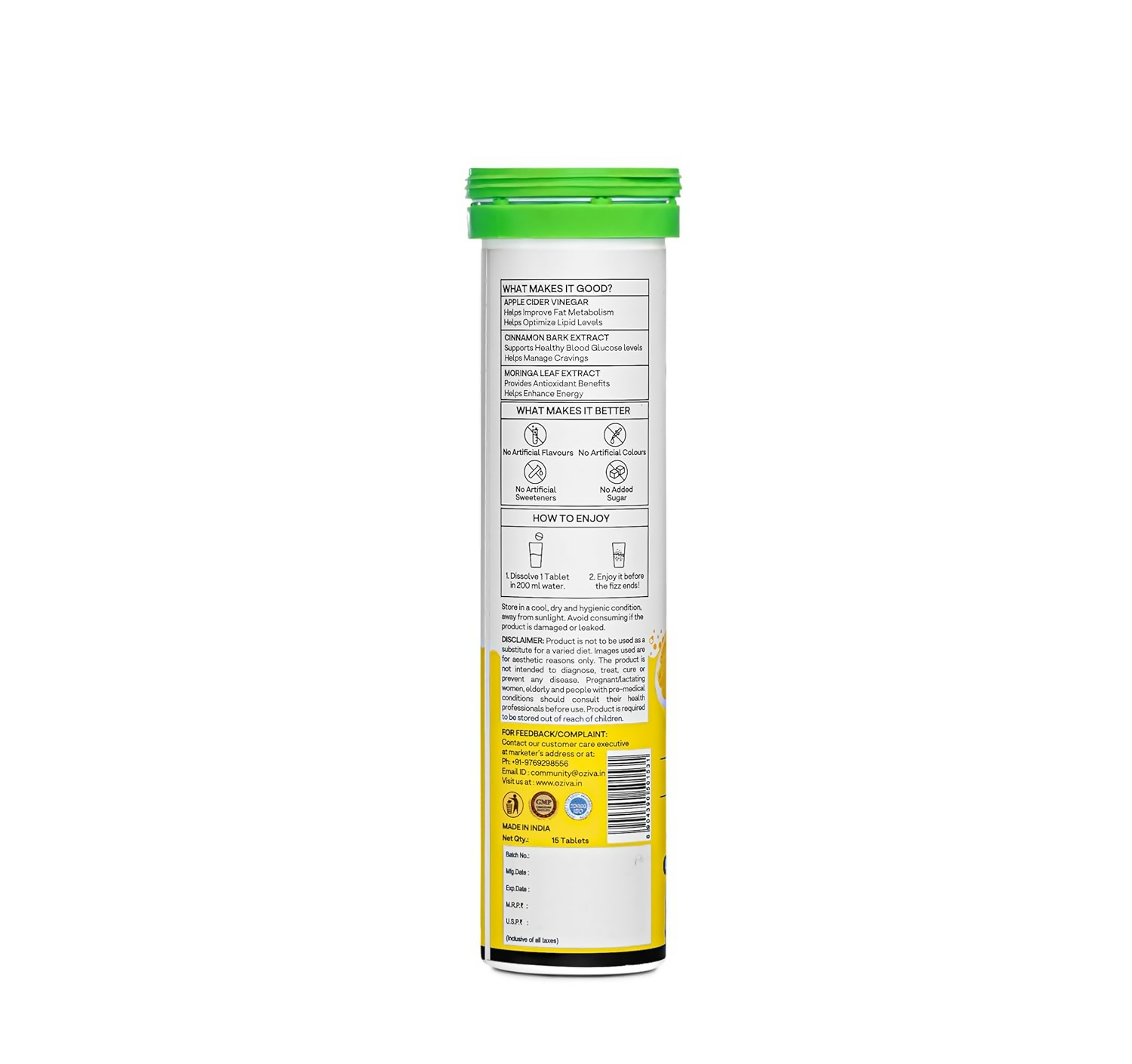 OZiva Metabolic ACV Moringa Effervescent Tablets for Control Cravings - Lemon Masala Flavor