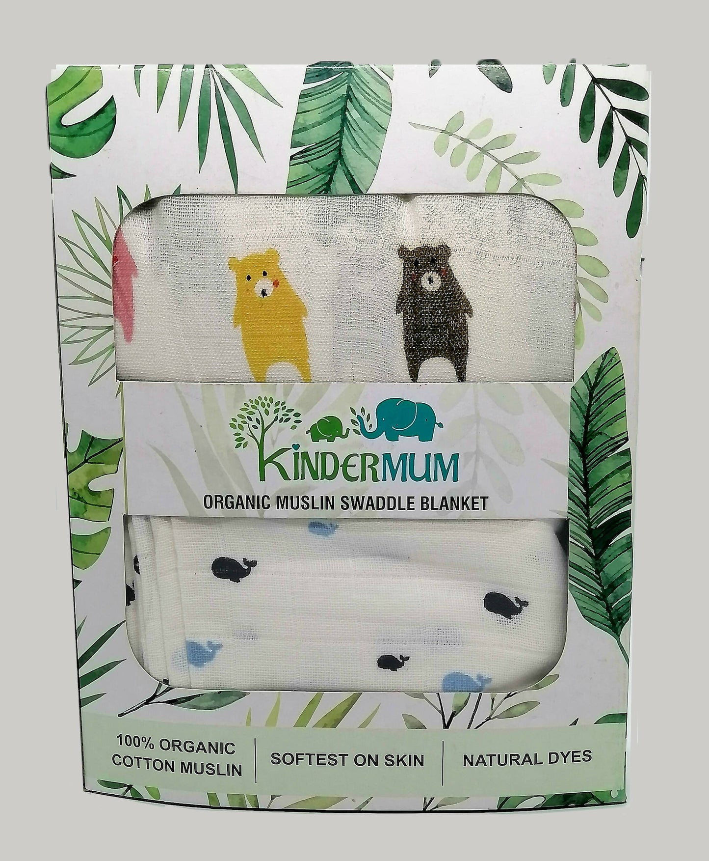 Kindermum Organic Cotton Muslin Swaddle Blanket 110 Cm X 110 Cm - Set Of 2 - Bear And Whale