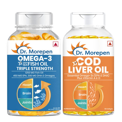 Buy Dr. Morepen COD Liver Oil Softgels and Omega 3 Deep Sea Fish Oil Softgels Combo from DrMediCart, Ship from India to USA