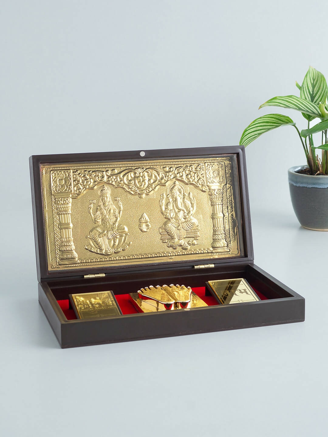 Buy Golden Peacock Brown & Gold-Toned 24 Ct Gold Foil Laxmi And Ganesh Pooja Box