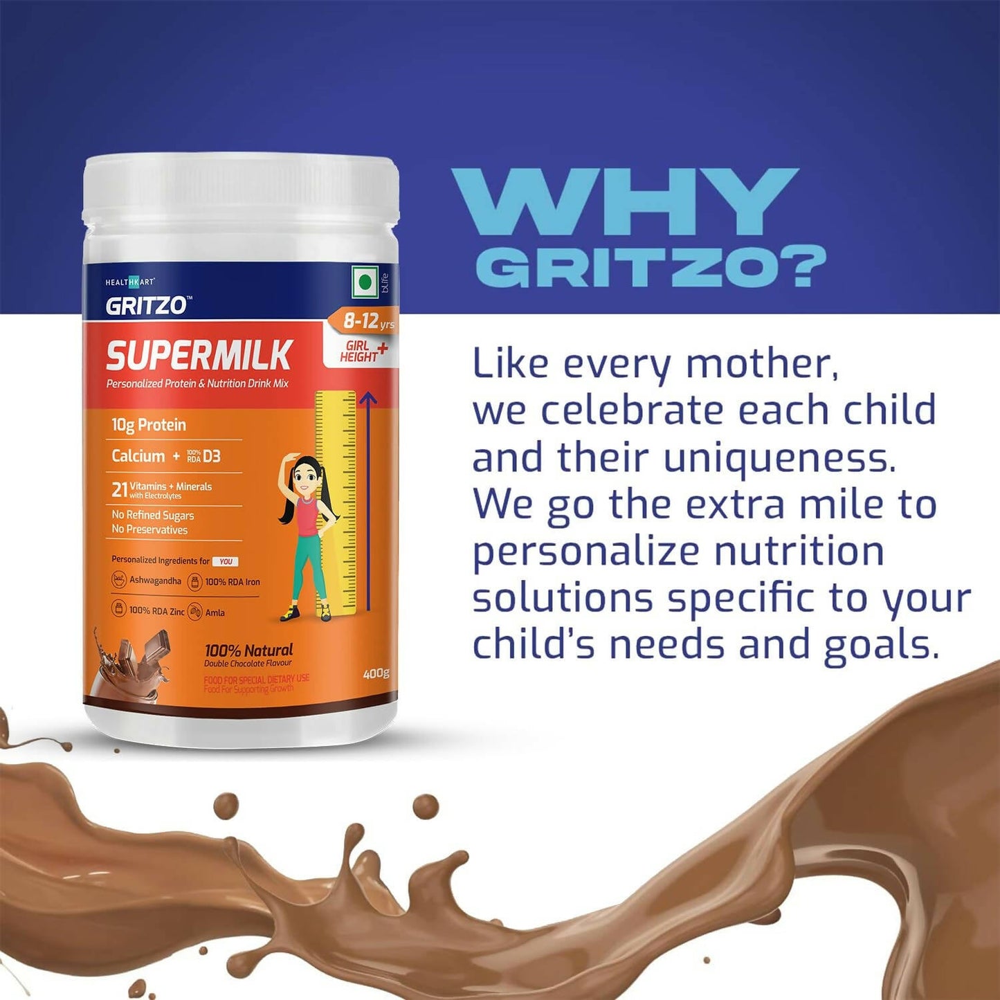 Gritzo SuperMilk Height+ Health Drink for 7-12y Girls - Double Chocolate Flavor