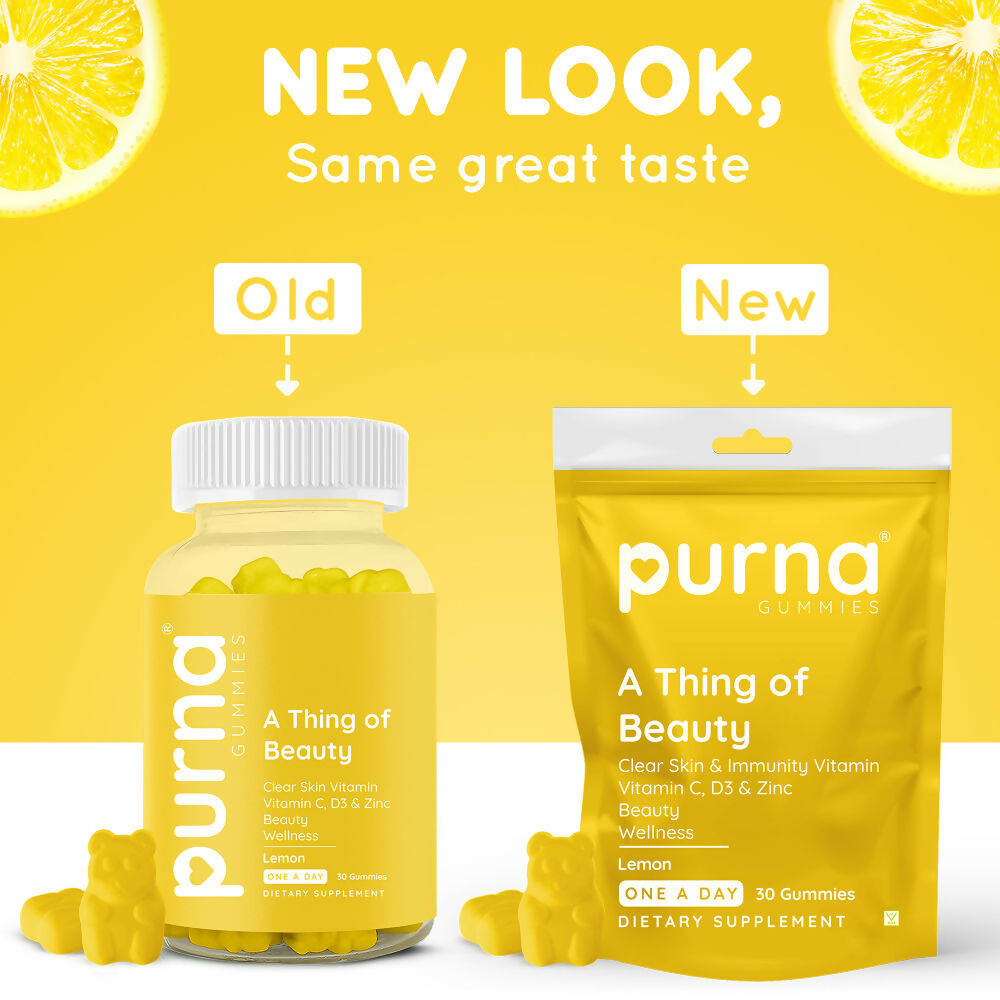 Purna Gummies Vitamin C Lemon Gummies with Vitamin D3, and Zinc for Immunity & Clear Skin