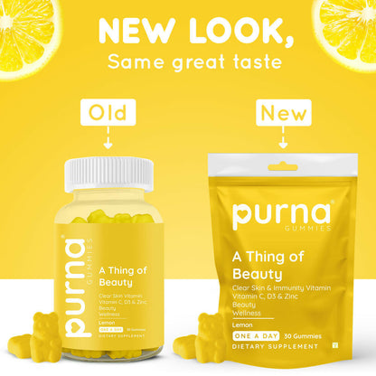 Purna Gummies Vitamin C Lemon Gummies with Vitamin D3, and Zinc for Immunity & Clear Skin