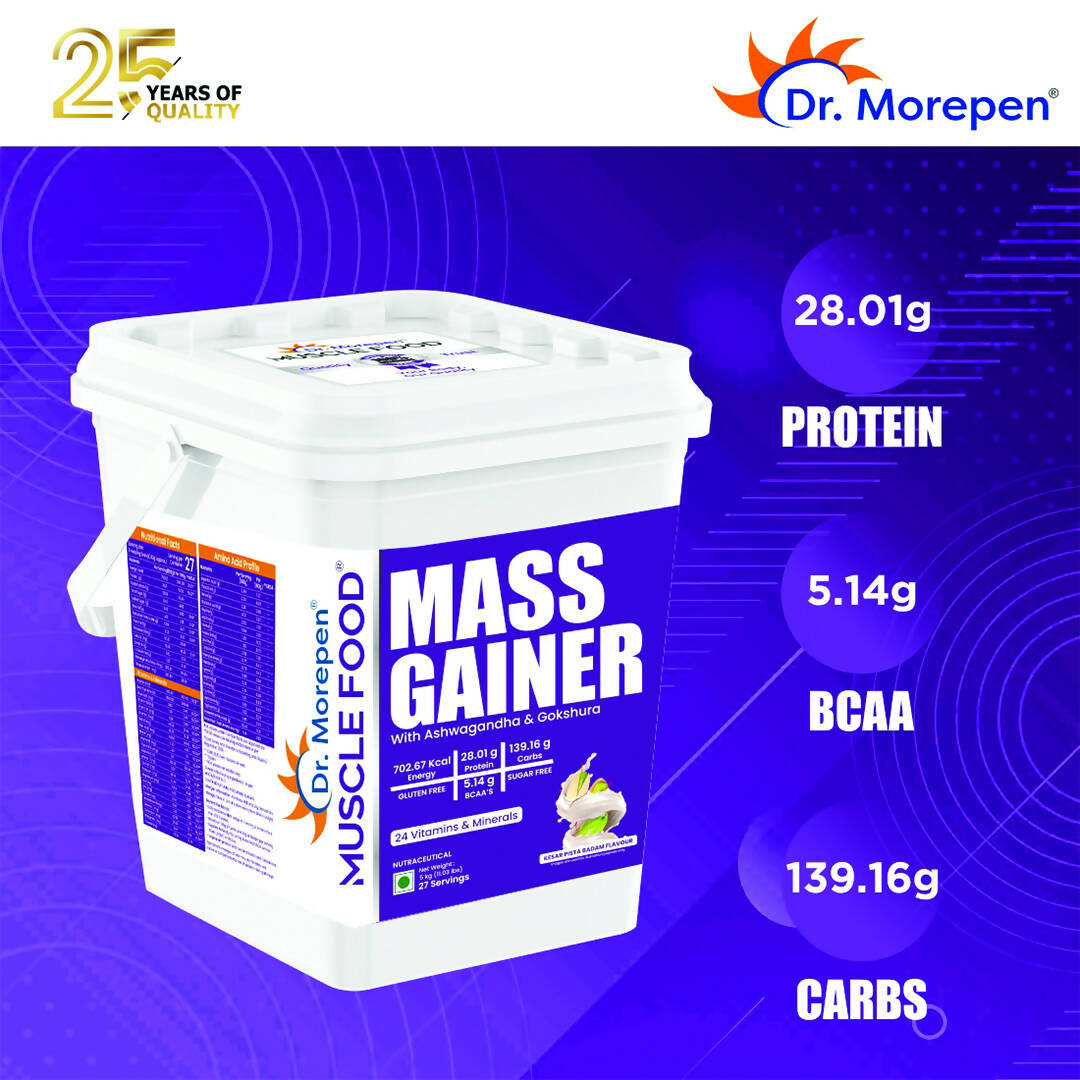 Dr. Morepen Muscle Food Mass Gainer with Ashwagandha & Gokshura - Kesar Pista Badam Flavour