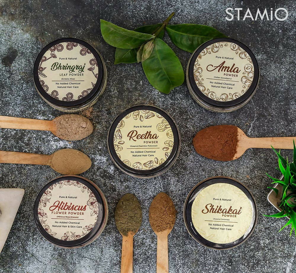 Stamio Pure Amla, Reetha, Shikakai, Bhringraj, Hibiscus Powders Combo For Hair Pack