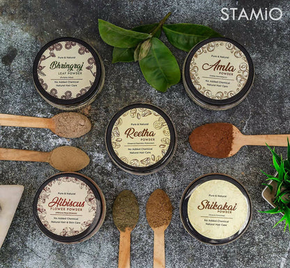 Stamio Pure Amla, Reetha, Shikakai, Bhringraj, Hibiscus Powders Combo For Hair Pack