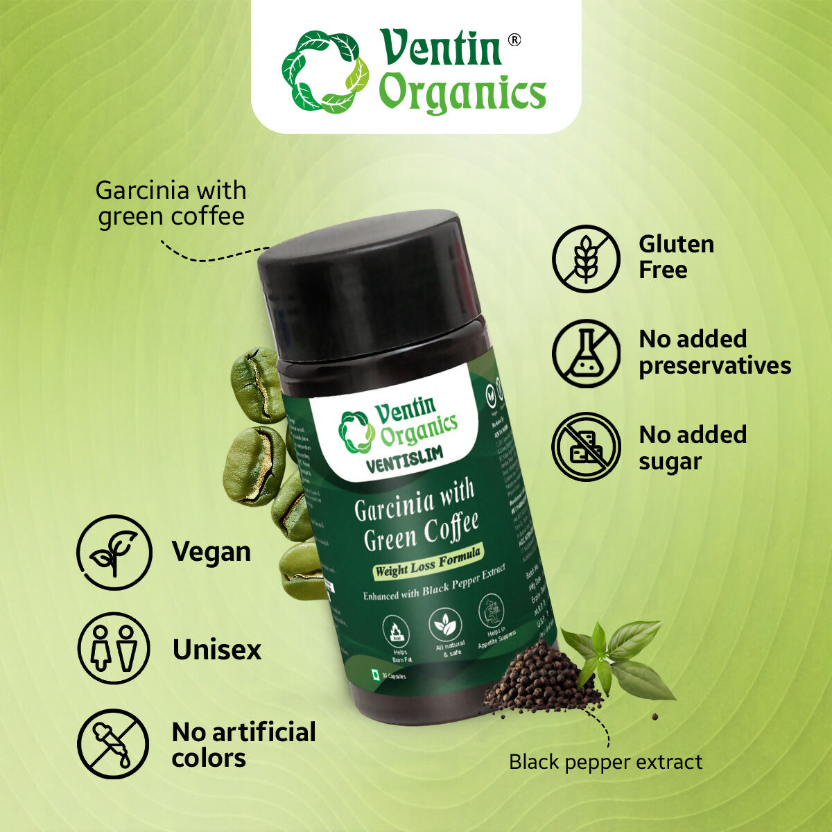 Ventin Organics Ventislim Garcinia Cambogia with Green Coffee Capsules