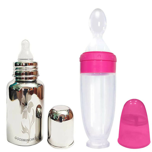 Buy Goodmunchkins Stainless Steel Feeding Bottle With Spoon Food Feeder for Baby Anti Colic Silicon Nipple Feeder 220 ml Combo Pack-Pink from DrMediCart, Ship from India to USA