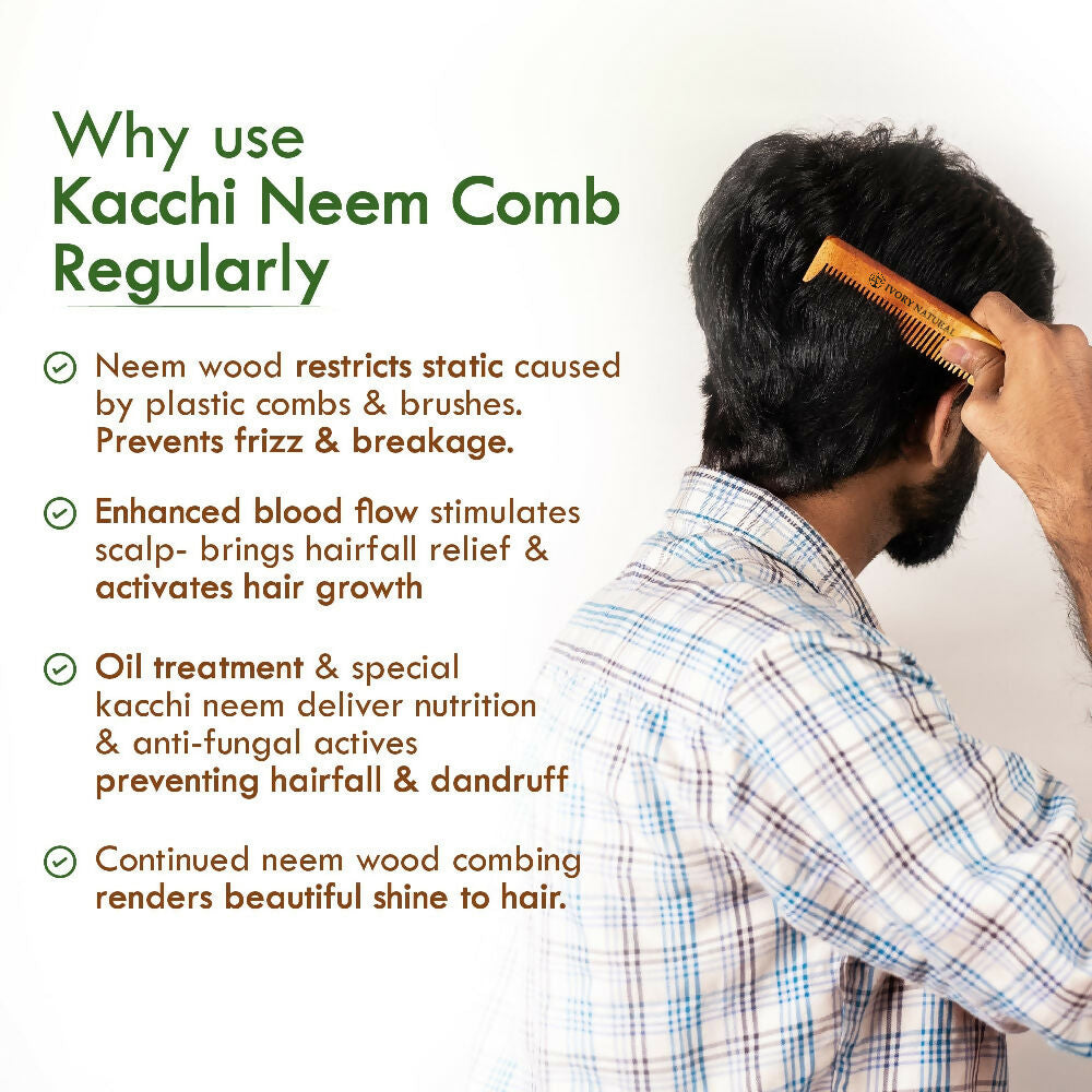 Ivory Natural Dual Tooth Kacchi Neem Comb Infused With Organic Oil For Gentle Detangling And Straightning Hair