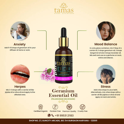 Tamas Pure Ayurveda 100% Organic Geranium Essential Oil - USDA Certified Organic