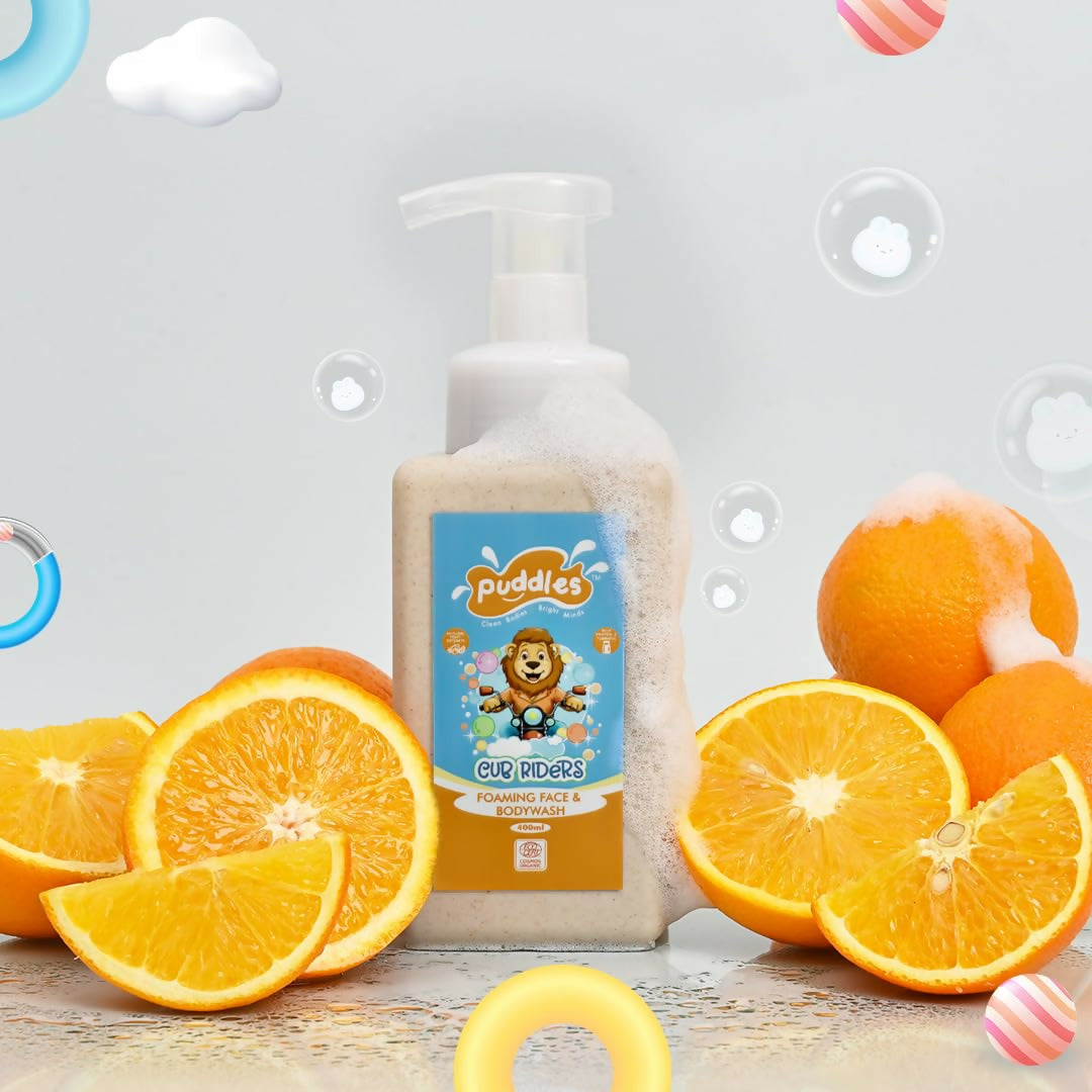 Puddles Organic Cub Riders Kids Foaming Face & Body Wash, Turmeric, Milk Protein, Orange Essential Oil