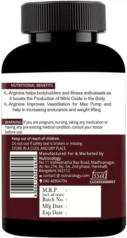Nutracology L Arginine 1000mg Nitric Oxider Booster For Muscle Gain & Strength Capsules